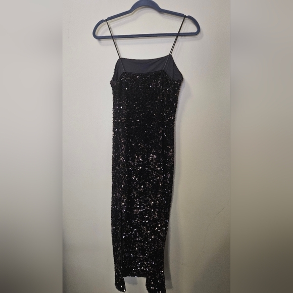 NWT H&M Full Sequin Dress Spaghetti Strap Women's Size S Brown With Slit - Picture 2 of 5